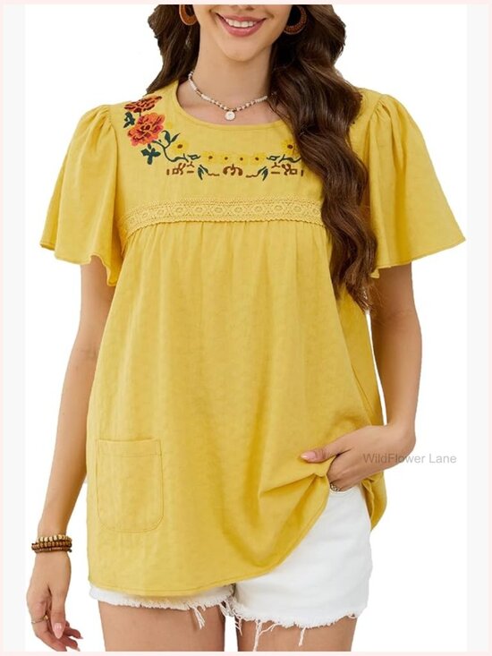 Tops - Boho Floral Embroidered Tunic Top Short Sleeve Crewneck Blouse Casual Summer